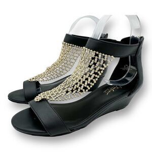 Thalia Sodi Black Tibby‎ Gold/Crystal Mesh Embellished Wedge Open-Toe Sandals 5M